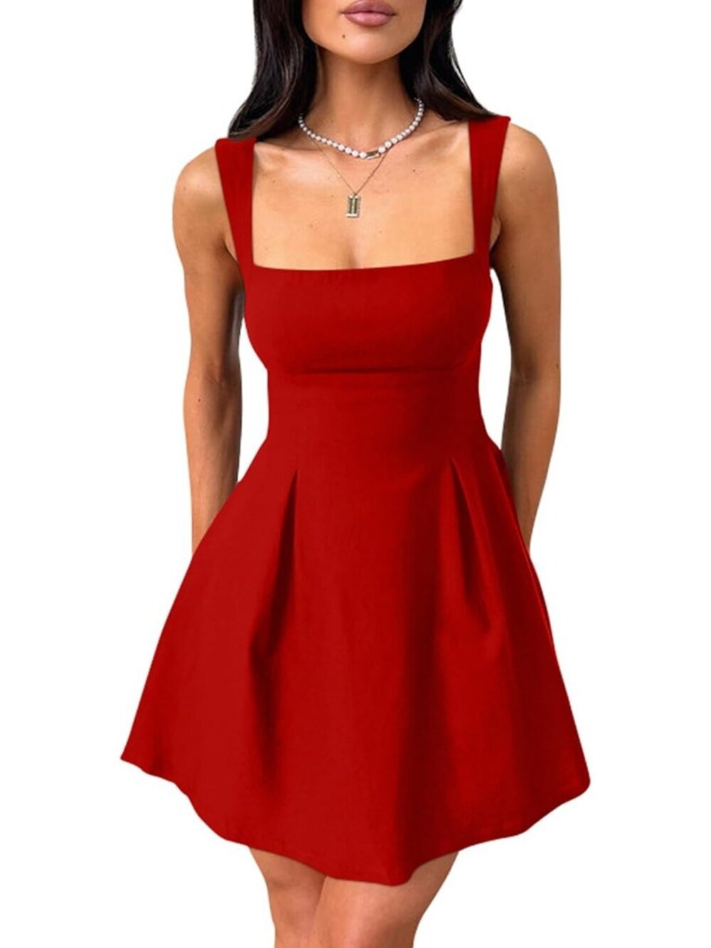 Women's Sleeveless Square Neck Red Strap Bow Tie A-line Mini Party Club Dress